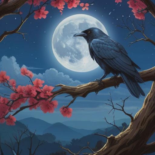 A mystical night scene featuring a crow perched on a branch under a full moon, symbolizing spiritual insights and mysteries, ethereal glow surrounding the raven, soft shadows cast by the moonlight, dense forest in the background, misty atmosphere, deep blues and blacks, a sense of calm and introspection, 4k