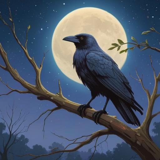 A serene and mystical night scene, a silhouette of a crow perched on a moonlit branch, shimmering stars in the clear sky, soft glow illuminating the crow's feathers, tranquil atmosphere, subtle hints of ethereal energy surrounding the bird, deep blue and purple hues, symbolic representation of spiritual guidance and intuition, captivating and peaceful composition, 4k