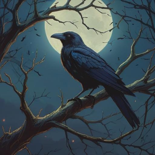 A mystical nocturnal scene, a crow perched on a gnarled branch, moonlight illuminating its glossy feathers, ominous atmosphere, shadowy forest in the background, dark clouds swirling above, eerie glow, spiritual warning elements, hauntingly beautiful setting, high detail