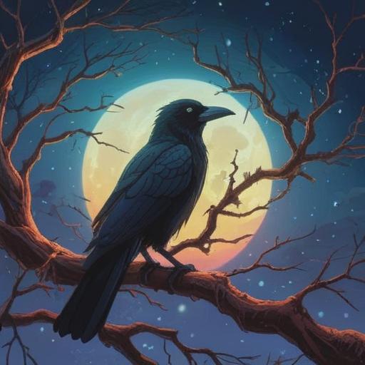 A mysterious night scene, depicting a black crow perched on a tree branch, a magical aura surrounding the crow, glowing lucky charm resting on the ground, moonlight illuminating the surroundings, stars twinkling in the night sky, enchanting atmosphere, rich details in the foliage, 4k