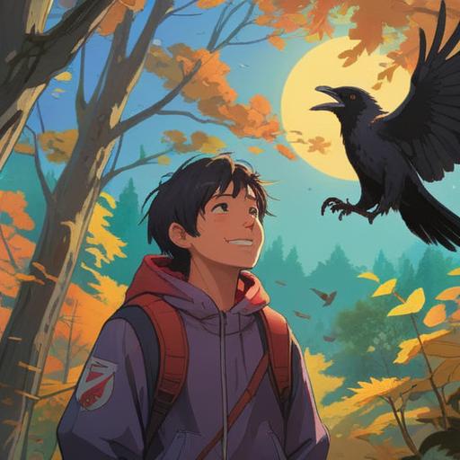 A positive encounter with a crow, bright sunlight filtering through the trees, a person smiling while interacting with a friendly crow, vibrant colors, lush green surroundings, a sense of harmony and connection, uplifting atmosphere, gentle breeze, intricate details, 4k