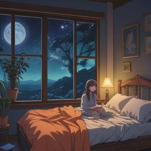 A serene nighttime scene, a person awake in bed at 3 AM, moonlight streaming through the window, ethereal glow, symbolic spiritual signs hovering in the air, a clock showing 3:00, soft shadows casting on the walls, contemplative expression, calming atmosphere, 4k