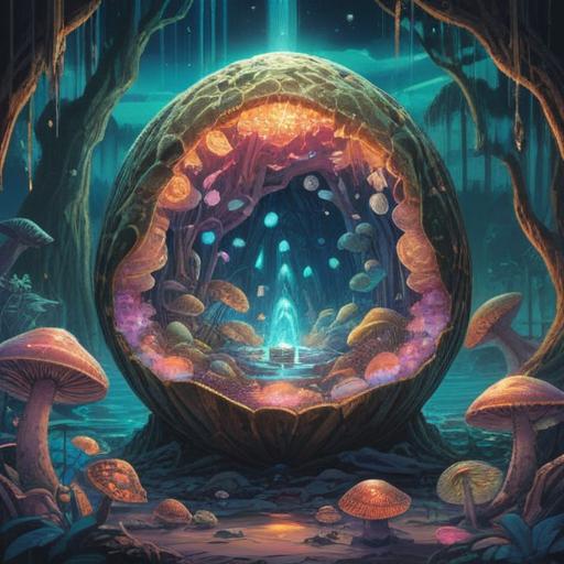 A mystical scene featuring a glowing abalone shell, iridescent colors illuminating the surroundings, spiritual symbols radiating from the shell, dreamy ocean waves in the background, a serene night sky filled with stars, gentle waves reflecting moonlight, an aura of positivity and enlightenment, ethereal atmosphere, high detail