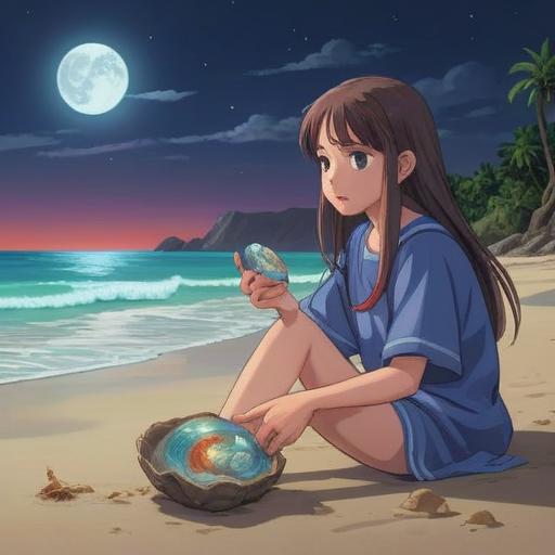 A person holding a luminous abalone shell, glowing softly under the moonlight, surrounded by a tranquil beach at night, shimmering sea waves reflecting the stars, a sense of luck and mystique, gentle breeze, serene atmosphere, detailed textures of the shell, enchanting colors, 4k