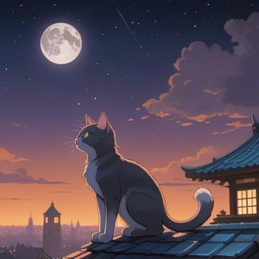 A serene night scene featuring a mysterious cat sitting on a moonlit rooftop, ethereal glow surrounding it, stars twinkling in the background, symbolizing spirituality and intuition, soft shadows, mystical ambiance, deep blue and purple hues, tranquil atmosphere, reflective and wise expression, 4k