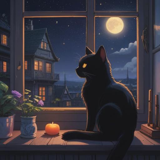 A mystical night scene featuring a black cat sitting on a windowsill, illuminated by the moonlight, surrounded by twinkling stars, a calming aura, symbolic representations of good omens, ethereal glow, peaceful ambiance, intricate details of the night sky, spiritual themes, 4k