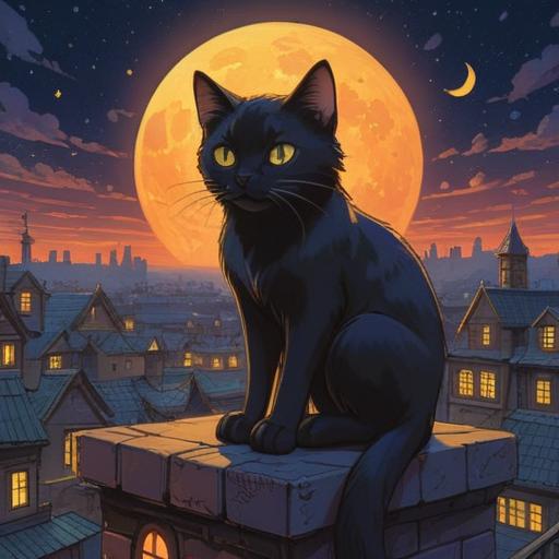 A mysterious black cat sitting on a moonlit rooftop, glowing eyes, alert expression, surrounded by shimmering stars, dark sky, ethereal aura, spiritual symbols subtly appearing in the background, an air of caution, enchanting atmosphere, 4k