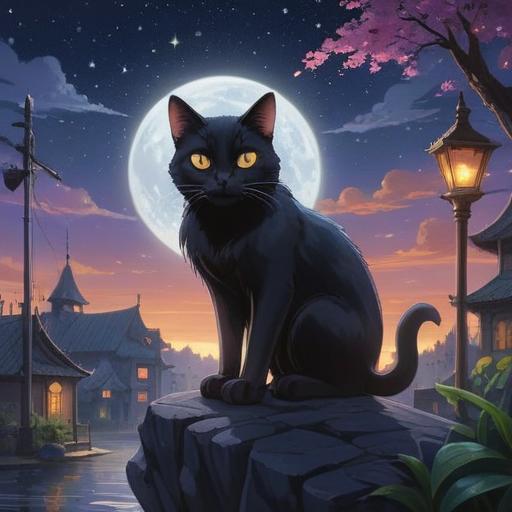 A serene nighttime scene, a black cat with glowing eyes, surrounded by shimmering stars and a moonlit sky, gentle light illuminating a cozy home, symbols of luck such as four-leaf clovers and lucky coins, mystical ambiance, peaceful garden setting, enchanting atmosphere, whimsical details, 4k