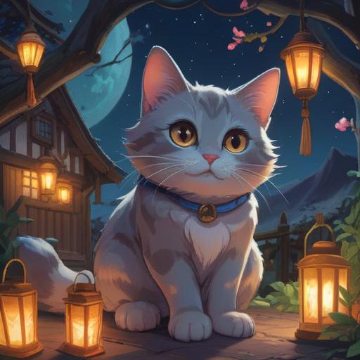 A serene nighttime scene featuring a cat sitting gracefully under a starry sky, surrounded by glowing lanterns, soft moonlight casting gentle shadows, the cat's calm expression signifying contentment, lush greenery in the background, subtle hints of glowing fireflies, an atmosphere of tranquility and peace, capturing the essence of emotional richness, 4k