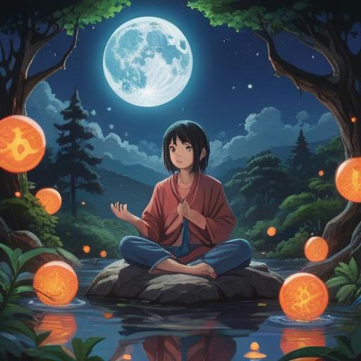 A mystical night scene, a figure meditating under the moonlight, surrounded by glowing orbs of energy, symbols of success floating around, urban skyline in the background, serene and empowering atmosphere, spiritual elements, cosmic themes, deep connection to intuitive guidance, 4k