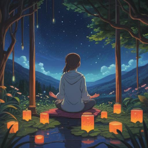 A serene night-time scene, a person practicing meditation under a starry sky, surrounded by glowing candles, soft whispers of nature, harmonious energy flow, tranquil atmosphere, deep relaxation, spiritual symbols gently illuminated, connection with the universe, 4k