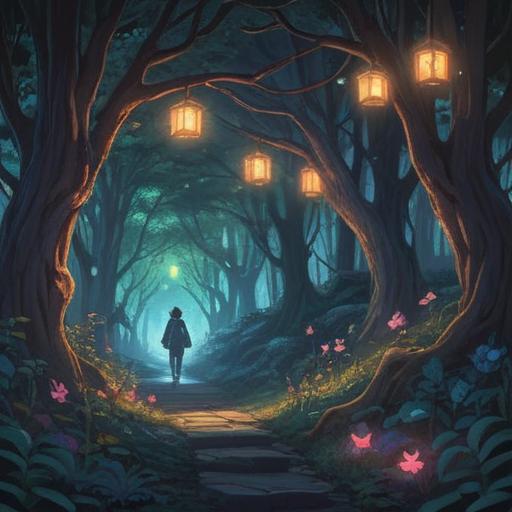 A serene night walk, illuminated by soft moonlight, mystical symbols appearing in the shadows, ethereal creatures hiding among the trees, a glowing path guiding the way, a sense of calm and awareness in the air, spiritual signs subtly integrated into the environment, tranquil atmosphere, 4k