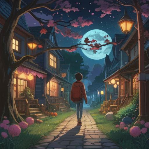 A whimsical nighttime stroll, illuminated by glowing lucky items, soft moonlight filtering through the trees, vibrant colors of charms and trinkets, a calm cityscape in the background, enchanting atmosphere, dreamlike ambiance, detailed textures, serene expression on the character's face, 4k