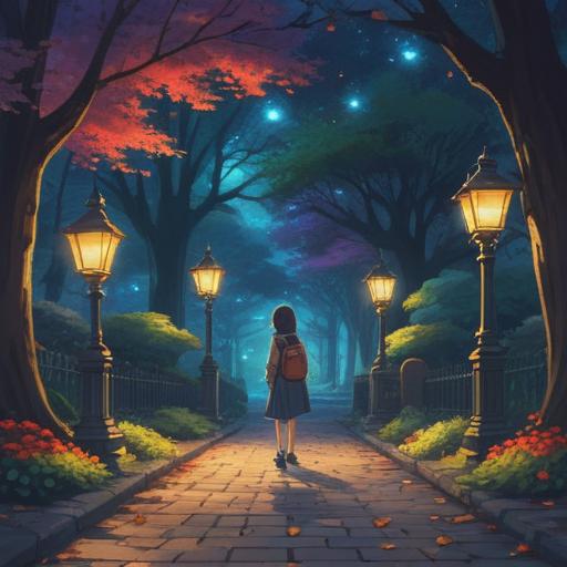 A serene night walk through a quiet, moonlit park, soft glow of streetlamps illuminating winding paths, a reflective figure deep in thought, surrounded by whispering trees and distant city lights, stars twinkling above, conveying the essence of self-discovery and tranquility, calming atmosphere, 4k