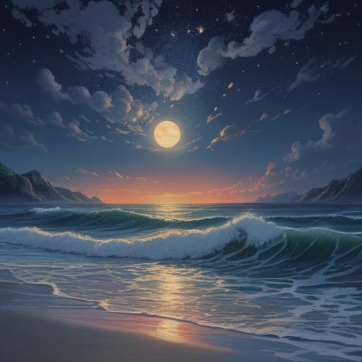 A serene night ocean scene, mystical waves reflecting moonlight, calming dark blue hues, ethereal atmosphere, shimmering stars above, gentle whispers of the sea, spiritual symbolism of tranquility and depth, a silhouette of a meditative figure, nature’s harmony, captivating and thought-provoking, 4k