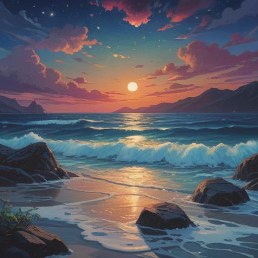 A serene night seascape, gentle waves lapping against the shore, starry sky reflecting on the water, ethereal light illuminating the scene, a silhouette of a person gazing at the horizon, symbols of hope and positivity in the sand, tranquil atmosphere, spiritual energy emanating from the ocean, 4k