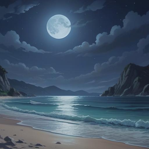 A serene nighttime seaside scene, gentle waves lapping against the shore, illuminating moonlight casting ethereal reflections on the water, mysterious shadows of sea creatures lurking beneath the surface, faint glowing orbs hovering in the air, a sense of tranquility mixed with the unknown, spiritual symbols subtly incorporated into the sand, tranquil atmosphere, deep blue and silver color palette, 4k