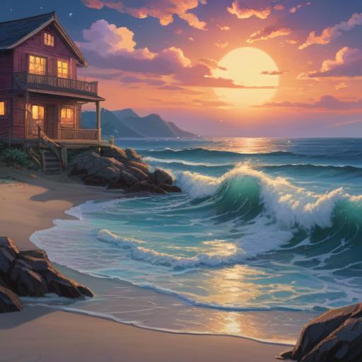 A serene night ocean scene, gentle waves lapping at the shore, bright stars twinkling in the clear sky, soft moonlight reflecting on the water, a calm atmosphere promoting peace and relaxation, silhouettes of distant cliffs, soothing colors of deep blue and silver, subtle glow from bioluminescent plankton, 4k
