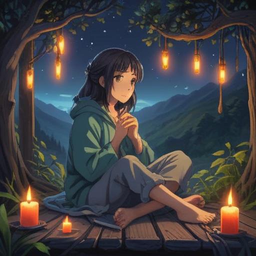 A serene night scene, a person sitting cross-legged under the moonlight, carefully trimming their nails, surrounded by glowing candles, symbols of spirituality in the air, gentle breeze rustling leaves, peaceful expression, calm energy, ethereal ambiance, spiritual reflection, 4k