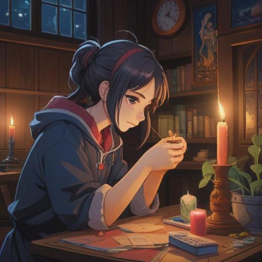 A serene night scene, a person carefully trimming their nails under soft moonlight, the glow of candles nearby, a sense of tranquility, symbolic representation of good fortune, subtle reflections of hope and positivity, peaceful ambiance, calming shadows, detailed surroundings, 4k