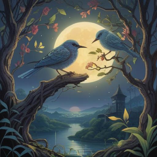 A mystical scene depicting birds singing at night, illuminated by a full moon, ethereal glow surrounding the birds, symbolic representation of spiritual awakening and transformation, calm and serene atmosphere, lush foliage in the background, magical light effects, 4k