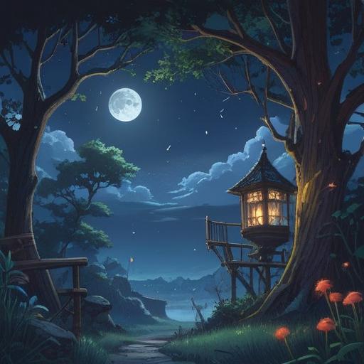 A mystical nighttime scene, birds singing under a starry sky, serene atmosphere, moonlight casting gentle shadows, symbolic representation of spiritual awakening, ethereal glow surrounding the birds, vibrant colors contrasting with the night, tranquil forest setting, 4k