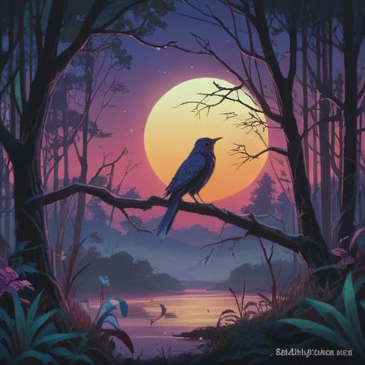 A mystical night scene, an ethereal forest illuminated by moonlight, silhouettes of trees, a bird perched on a branch, vibrant glowing aura around the bird, subtle shimmering stars in the sky, an atmosphere of calmness and spirituality, detailed textures in the foliage, sense of wonder, 4k