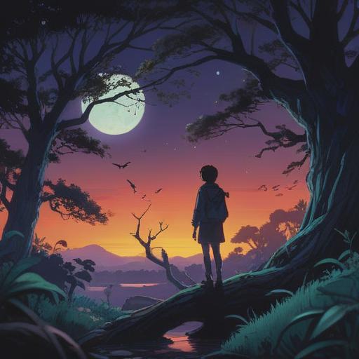 A serene night scene, illuminated by the soft glow of the moon, a silhouette of a person standing under a tree, birds perched on the branches singing sweetly, magical aura, hints of falling stars, a feeling of tranquility and hope, reflecting a sense of lucky actions during nighttime, enchanting atmosphere, 4k