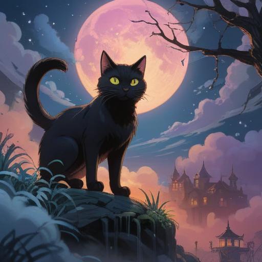 A mystical night scene featuring a black cat emerging from the shadows, moonlight illuminating its sleek fur, surrounded by swirling fog, enchanted forest setting, ethereal glow, mystical symbols in the air, serene atmosphere, deep spiritual meaning, captivating allure, 4k