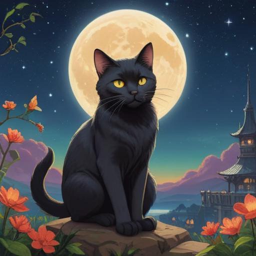 A mystical night scene, a black cat sitting serenely under a full moon, glowing ethereal symbols in the air, sparkling stars twinkling above, a tranquil garden setting, lush greenery surrounding, a sense of calm and positive energy, spiritual aura emanating from the cat, deep blue and violet hues, enchanting atmosphere, 4k