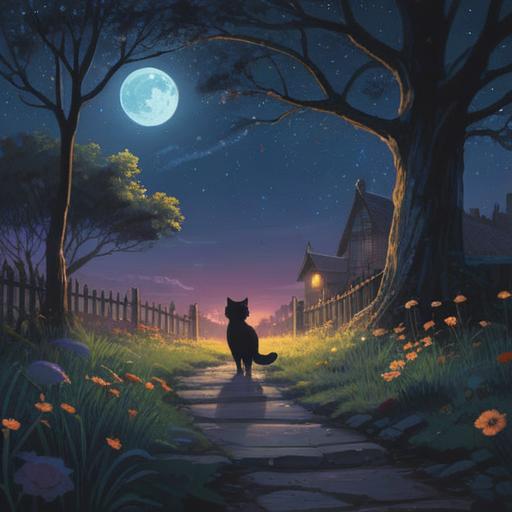 A mystical nighttime scene, a black cat crossing a moonlit path, eerie yet captivating atmosphere, glowing stars in the sky, gentle shadows, a sense of foreboding, symbolic elements like feathers and crystals nearby, enchanting garden backdrop, rich detail, 4k
