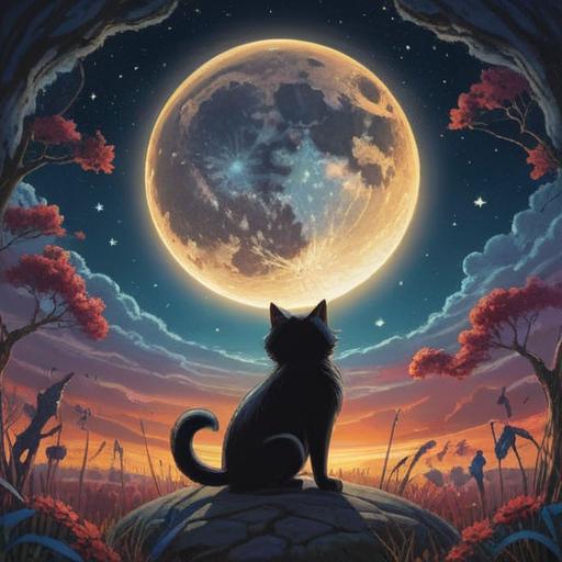 A mystical scene of a person encountering a black cat at night, surrounded by a starry sky, a glowing full moon casting gentle light, an aura of positive energy, symbols of good fortune floating in the air, the person looking inspired and ready to take action, intricate details in the setting, enchanting atmosphere, vibrant colors, 4k