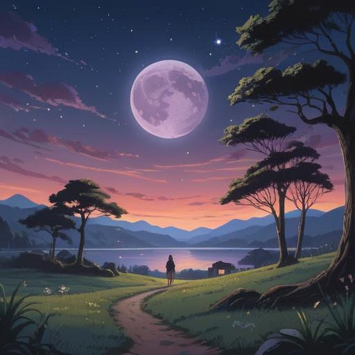 A serene night scene, depicting the beauty of twilight, soft glowing stars, a tranquil moon, a silhouette of a peaceful landscape, ethereal ambiance, representation of spiritual connection to the night, calming colors, deep contemplation, 4k