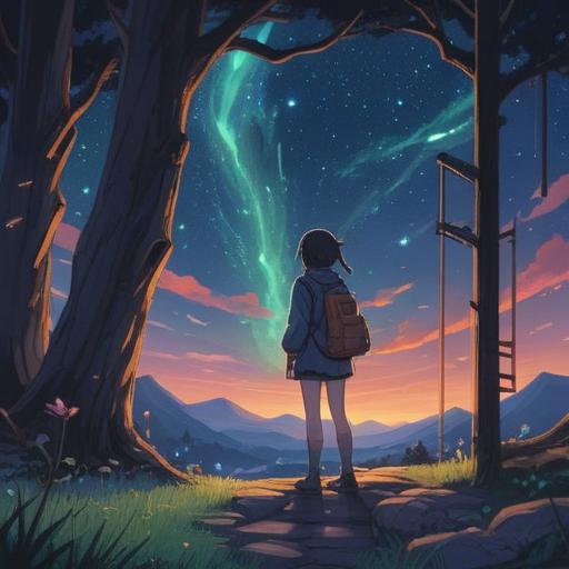 A mystical nighttime scene, a person gazing up at the starry sky, glowing constellations forming positive symbols, ethereal light surrounding them, gentle waves of energy, calming moonlight illuminating the landscape, serene atmosphere, connection to the universe, spiritual awakening, 4k