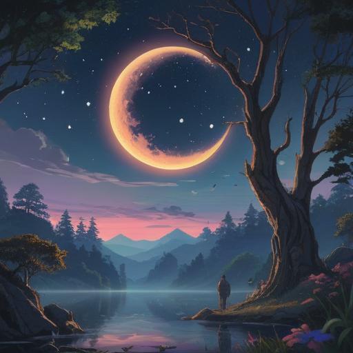 A serene nighttime scene, crescent moon illuminating the dark sky, soft glow of stars, spiritual symbols gently floating, ethereal mist, nature's tranquility, cautionary elements like shadows and subtle light, reflective water surface, calmness with a mystical aura, 4k