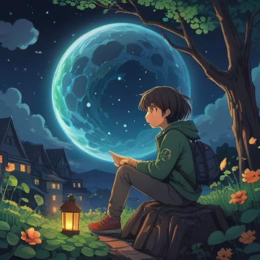 A whimsical illustration of a person enjoying a night sky filled with stars, surrounded by lucky items like a four-leaf clover and a lucky cat, glowing moonlight, vibrant colors, dreamy atmosphere, serene facial expression, enchanting landscape, 4k