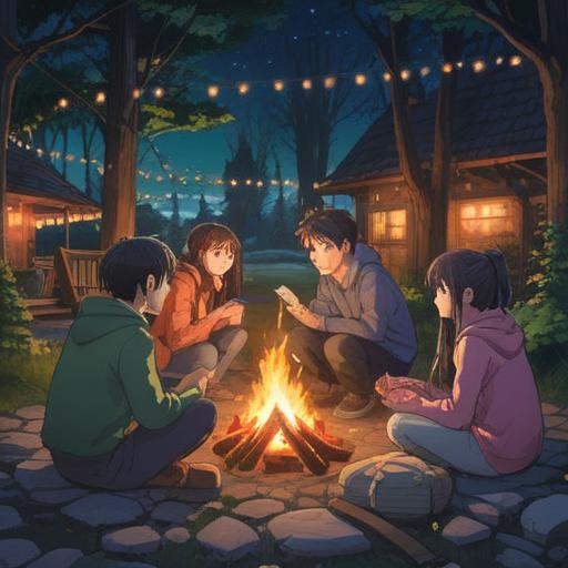 A cozy outdoor scene at night, twinkling fairy lights, a group of friends gathered around a bonfire, laughter and conversation filling the air, warm blankets and mugs of hot cocoa, a starlit sky, a sense of togetherness and joy, vibrant colors, inviting atmosphere, 4k