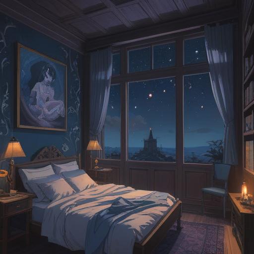 A serene nighttime scene, a person restless in bed, illuminated by moonlight, surrounded by ethereal spirits, deep shadows representing anxiety, soft glow symbolizing hope, intricate details in bedroom decor, stars visible through the window, a sense of tranquility amidst turmoil, 4k