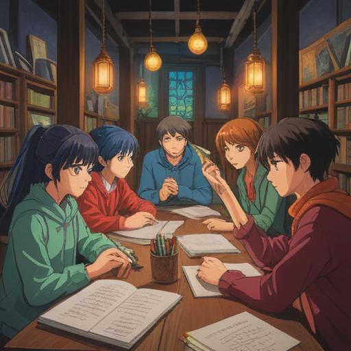 A serene gathering of diverse people sharing ideas, collaborative atmosphere, notes and documents spread across a large table, vibrant discussions, notebooks filled with sketches, digital devices, warm lighting, sense of community, clarity and focus, 4k