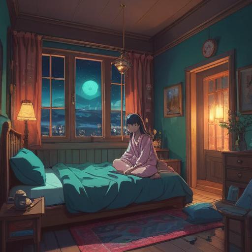 A serene night scene, a person sitting on their bed in a dimly lit room, gently rubbing their right ear, ethereal light surrounding them, an aura of spiritual significance, symbols of intuition and inner wisdom, calm atmosphere, subtle glow of moonlight filtering through the window, 4k