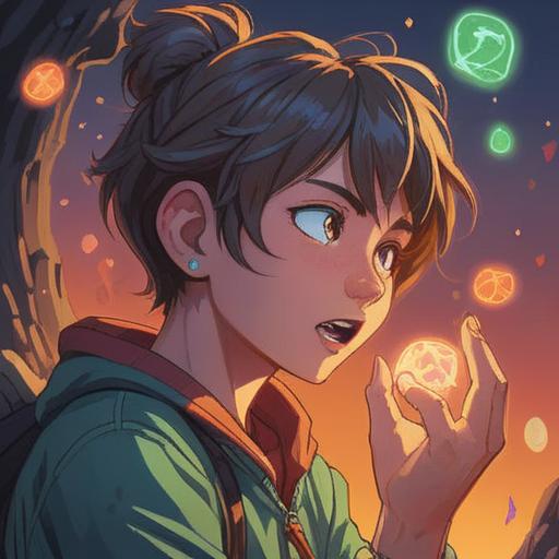 A whimsical illustration of a person scratching their right ear, a glowing lucky stone radiating energy in their hand, vibrant colors, surreal atmosphere, nature background with sparkling elements, playful character expression, 4k