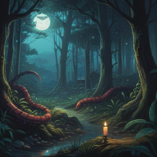 A mystical scene depicting a centipede appearing at night, spiritual symbolism, dark and tranquil forest setting, glowing moonlight filtering through the trees, ethereal atmosphere, nature's connection to the spiritual realm, intricate details of the centipede, soft shadows, hints of magic in the air, 4k
