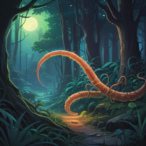 A spiritual scene depicting a centipede encountered at night, glowing softly in the moonlight, surrounded by ethereal wisps, a calming forest backdrop, suggestive of positive omens, vibrant colors against a dark sky, mystical atmosphere, nature's energy, transformative symbolism, harmonious balance, 4k