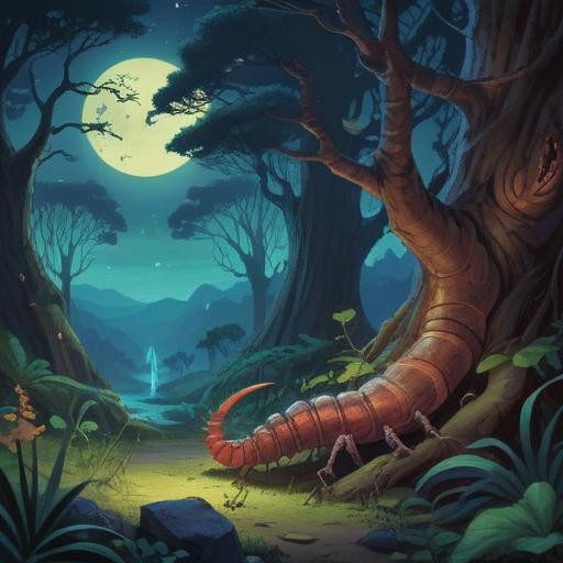 A mystical night scene featuring a centipede, glowing softly under the moonlight, surrounded by ancient trees, subtle hints of spiritual symbols in the background, an aura of caution and awareness, deep shadows contrasting with ethereal light, serene yet eerie atmosphere, capturing the essence of spiritual signs and intuition, 4k