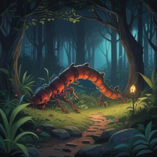 A mysterious nighttime scene, a centipede in the foreground, glowing amulets surrounding it, moonlight casting shadows, an enchanting forest background, magical atmosphere, symbols of good fortune, intricate details, vibrant colors, captivating composition