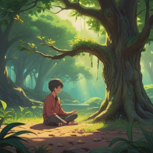 A serene outdoor scene, a person meditating under a tree, calming nature sounds, peaceful surroundings, soft sunlight filtering through leaves, a sense of tranquility, reflecting on fears, finding inner balance, connection with nature, mindfulness practice, 4k