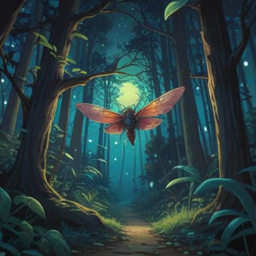 A serene nighttime scene, cicadas chirping softly, a mystical aura surrounding the trees, moonlight filtering through the leaves, a tranquil lake reflecting the stars, symbols of spiritual awakening in the air, peaceful ambiance, rich in nature's beauty, 4k