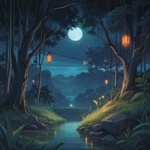 A serene nighttime scene, cicadas chirping in the background, ethereal glow of the moonlight, mystical aura surrounding the environment, subtle hints of spiritual symbols in the shadows, tranquil forest setting, deep connection to nature, calm yet mysterious atmosphere, attention to detail in the foliage, 4k