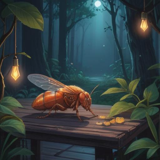 A serene night scene with cicadas chirping, soft moonlight illuminating a lucky stone placed on a wooden table, gentle rustling leaves in the background, calming atmosphere, vibrant colors, tranquil setting, mystical aura surrounding the stone, 4k