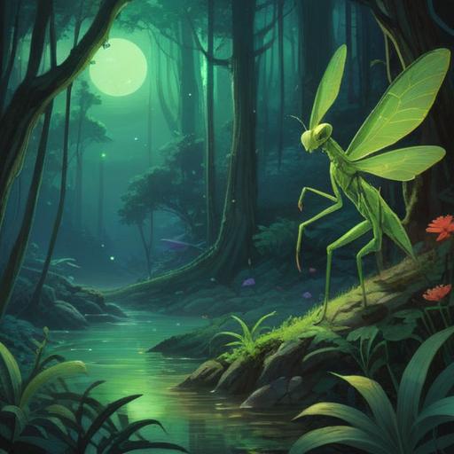 A spiritual scene of a mantis appearing at night, illuminated by moonlight, mystical forest background, glowing ethereal aura surrounding the mantis, symbolism of transformation and intuition, stars twinkling in the sky, serene atmosphere, deep shadows, vibrant colors, 4k